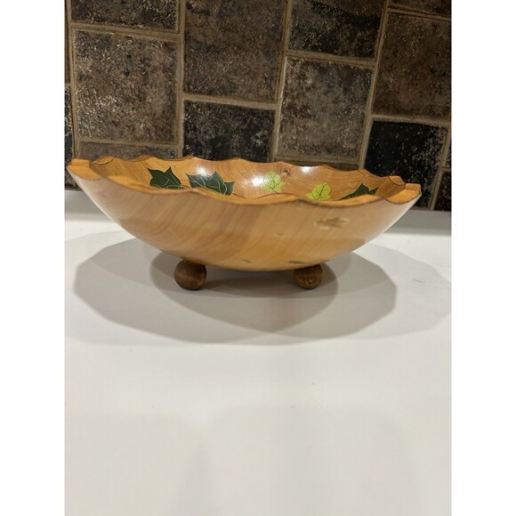 Vintage Large Footed Bowl...Hand Painted Leaves....Maple 1950's - Picture 7 of 13